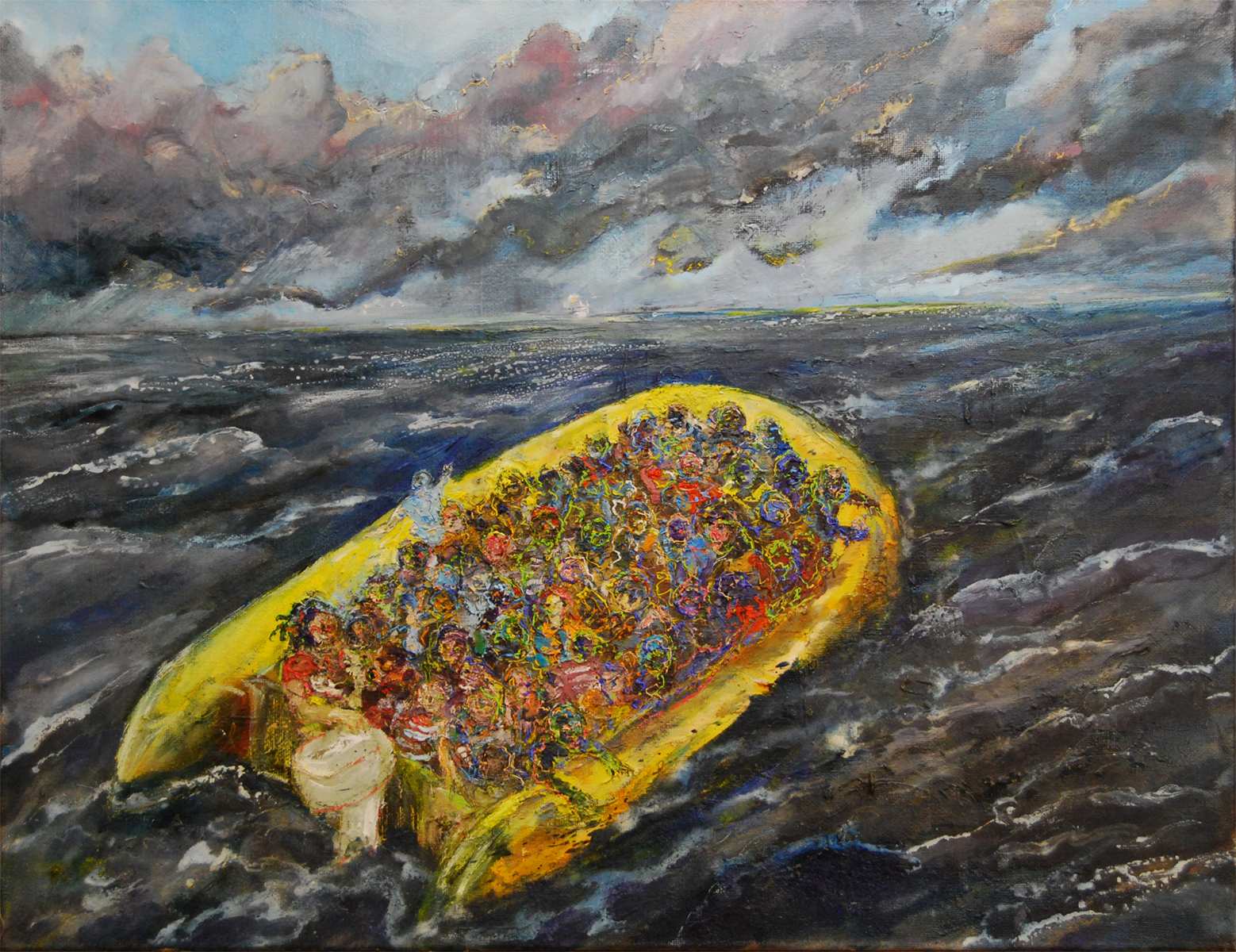gummibåd - Das knallgelbe Gummiboot, Malerei von Ludwig Plotter aus der Fluidwesen-Serie